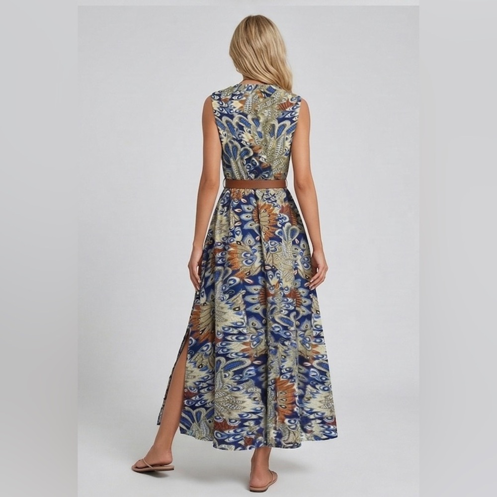 Bohemian Peacock Print V-Neck Maxi Dress - Picture 2 of 10